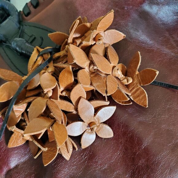 Anthony Luciano Wine Leather Tote Shoulder Bag Charm Penny Woven Trim Straps Lg - Picture 6 of 16